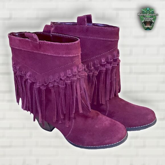 SBICCA Sound Wine Red Suede Leather Fringe Boots, Size 8.5 Boho Vibes - Picture 2 of 8